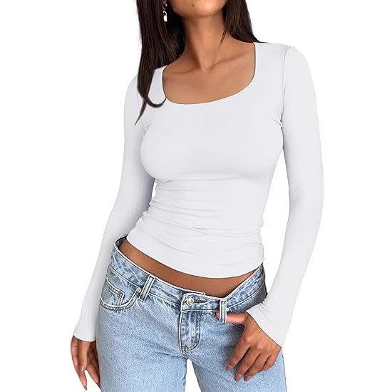 Cross-Border Women's T-Shirt 2025 Spring New Style Women's U-Neck Pullover Long-Sleeved Slim-Fitting Top Women's Shirt