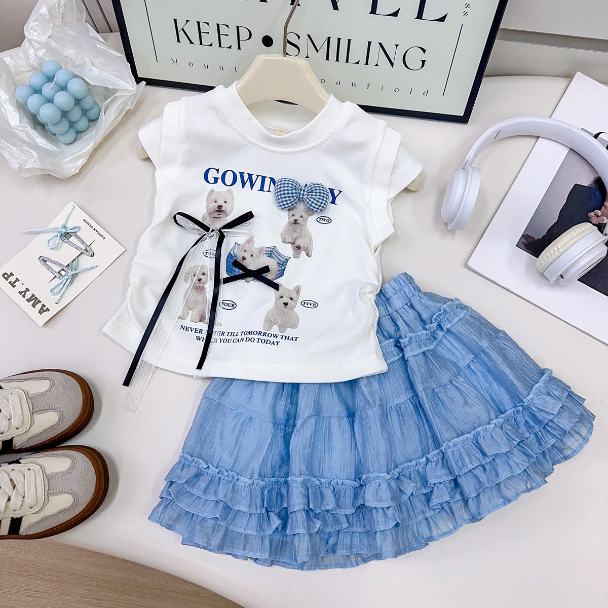 女童卡通套装夏季新款女宝韩版洋气印花短袖半身裙两件套BXB166