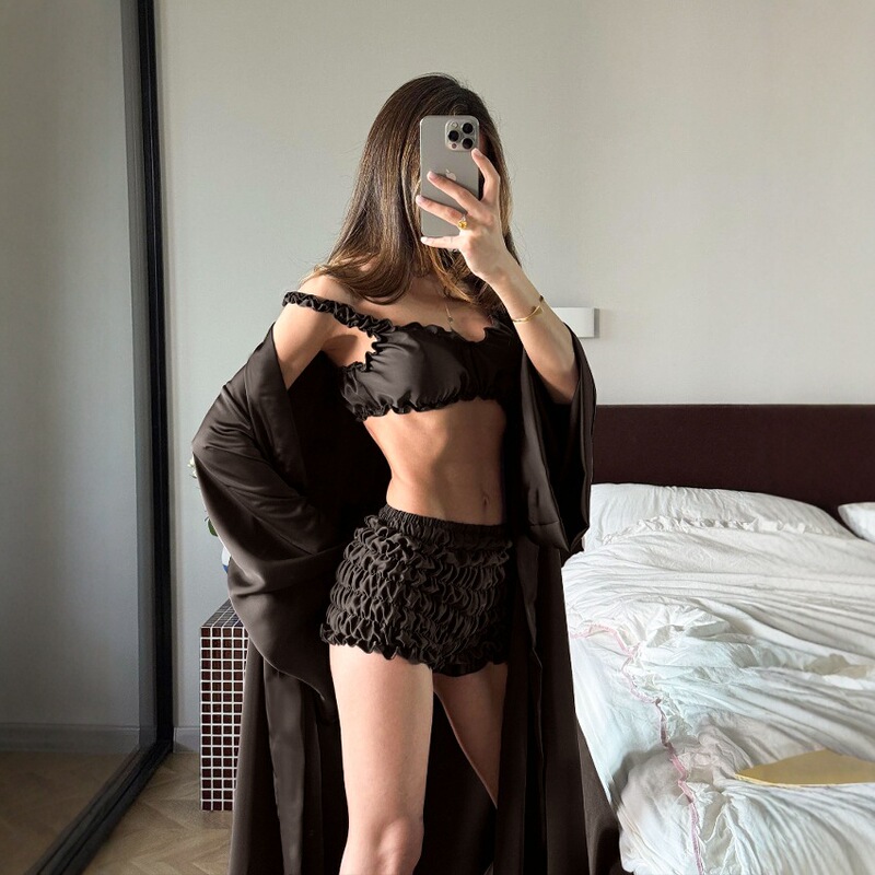 European and American Cross-Border New Pleated Satin Casual and Comfortable Suspender Intimates Shorts Cardigan Pajamas Home Wear Three-Piece Set European and American Cross-Border New Pleated Satin Casual and Comfortable Suspender Intimates Shorts Cardigan Pajamas Home Wear Three-Piece Set