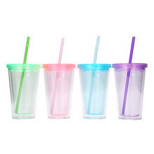 塑料杯16oz冷飲果汁杯透明帶平蓋雙層吸管杯亮片閃粉插卡定制水杯
