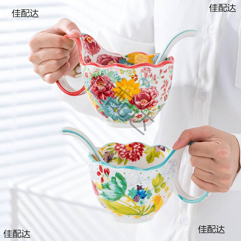 Underglaze Color Ceramic Curved Handle Bowl and Spoon, Creative Water Cup for Girls, High-Looking Design Mug, Breakfast Cup, Milk Cup