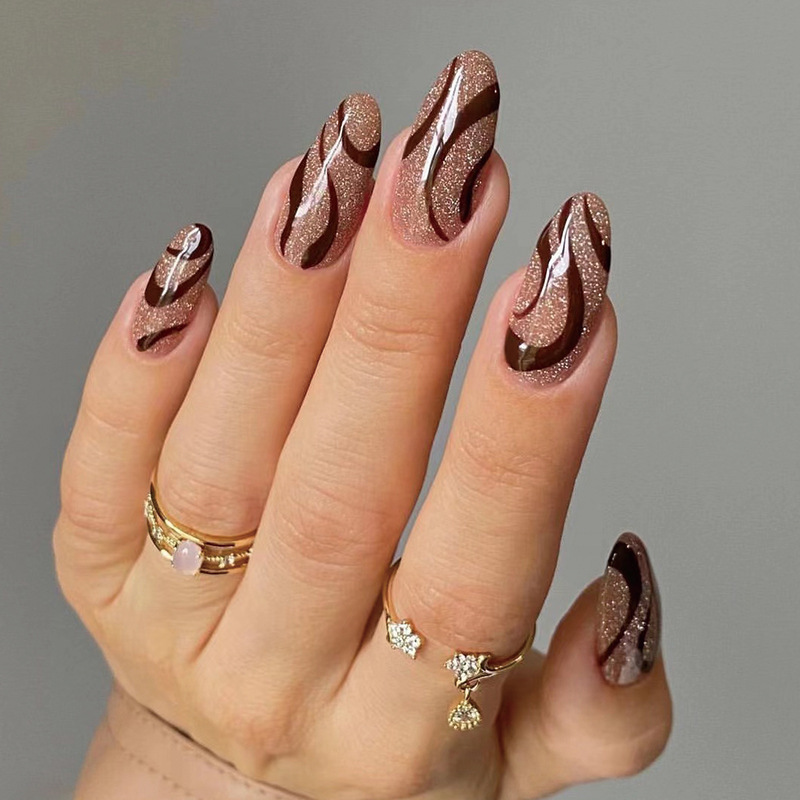 Brown Wavy European and American Wearable Nails Gold Glitter Removable Almond Type Hot Selling Manicure Nails Fake Nails Wholesale Brown Wavy European and American Wearable Nails Gold Glitter Removable Almond Type Hot Selling Manicure Nails Fake Nails Wholesale
