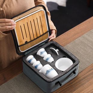 White Porcelain Covered Bowl, Travel Kung Fu Tea Set, Small Set, Home Complete Set of Ceramic Outdoor Portable Storage