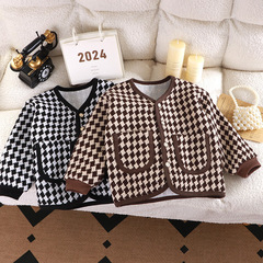 新しい子供用千鳥格子ジャケット、秋と春の服、女の子の小さな香りのトップス、ファッショナブルで多用途なカーディガン服