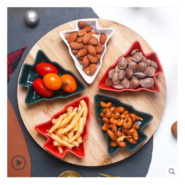 Plato de cerámica con forma de árbol de Navidad escandinavo para frutos secos, plato para refrigerios, vajilla creativa de estilo navideño, bandeja giratoria de madera.