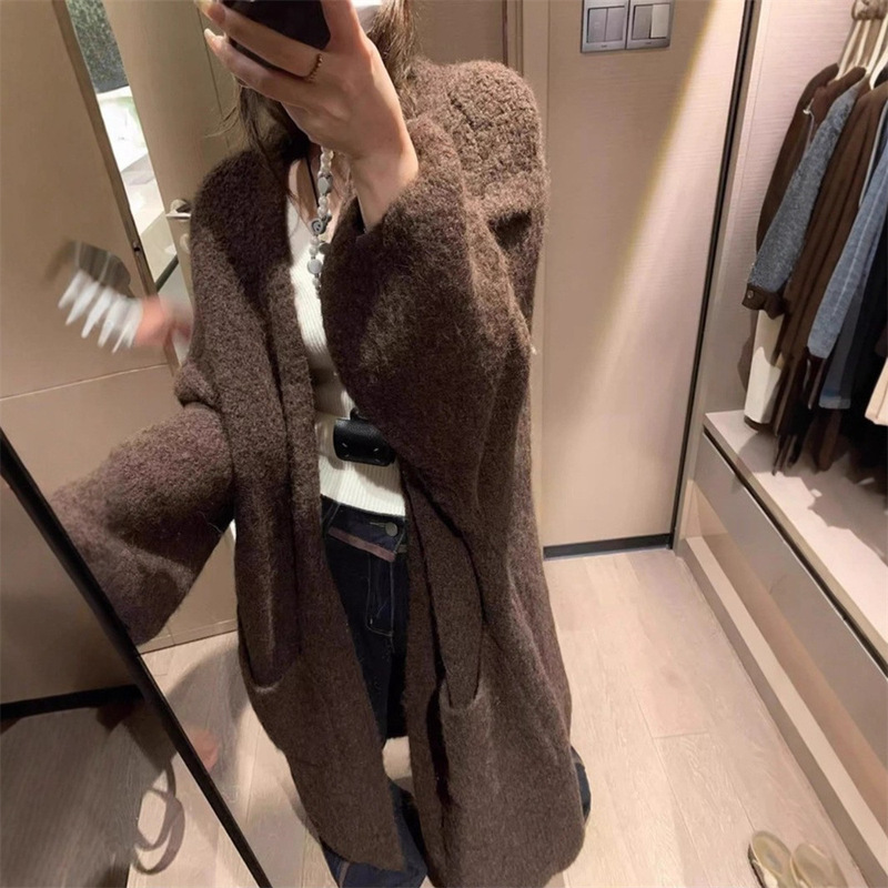 韓国スタイルのレイジースタイルのロングセーターコート女性の秋と冬の新しいルーズハイエンド厚みのあるニットカーディガンコート|undefined