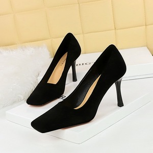 7731-2 Korean Spring and Autumn Fashion Versatile Simple High Heels Slim Heel Suede Shallow Mouth Square Head Women&apos