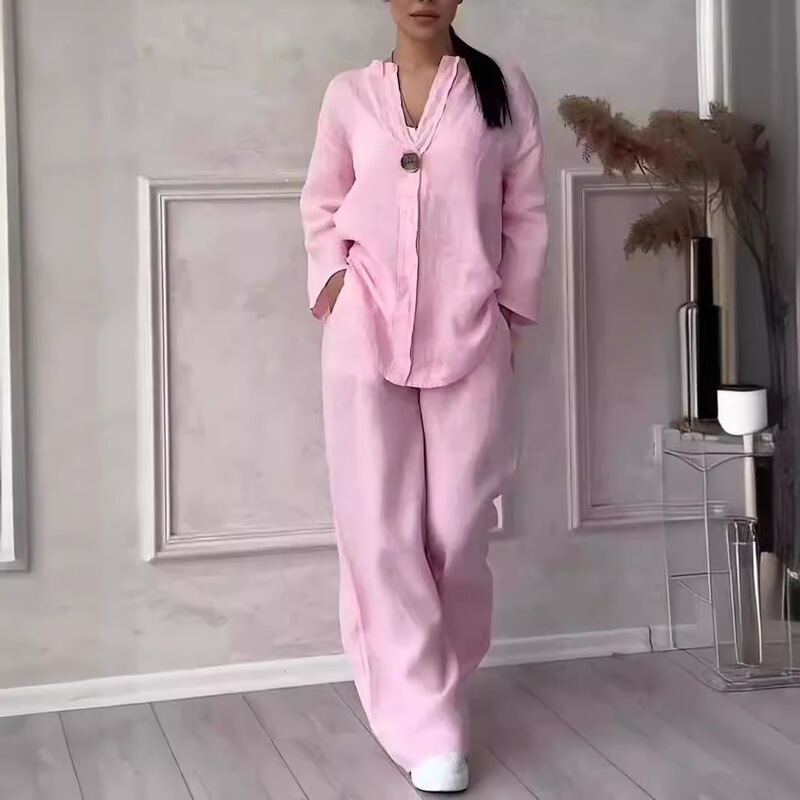 2026 Cross-Border Foreign Trade Amazon Fashion European and American Women's Clothing Comfortable Loose Tops Wide-Leg Pants Casual Cotton and Linen Suits