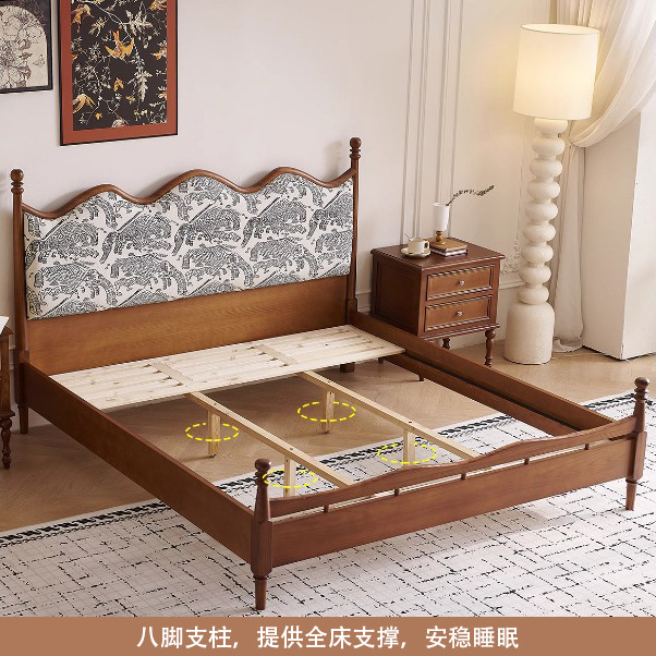 Cama de madera maciza francesa, estilo retro, 1.8m de diseño, cama doble, muebles de dormitorio, cama de boda medieval.
