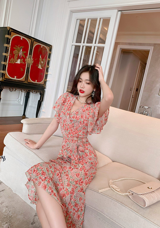 Váy maxi đuôi cá voan xếp tầng kiểu Pháp tay bồng che khuyết điểm — Màu xanh lá chi tiết 27