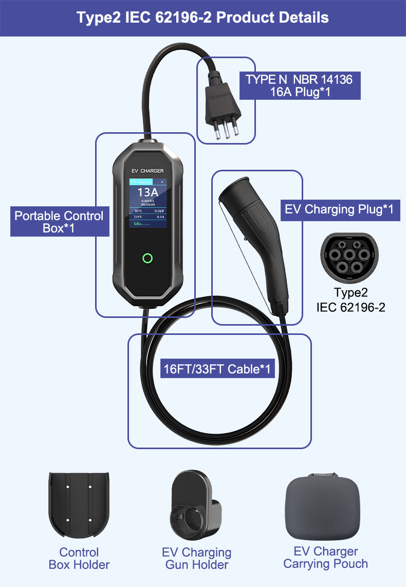 Cross-Border Supply Exclusively for Brazil: Standard Type2 On-Board Charger for Home Use, 3.5Kw Portable Charging, European Standard Brazil 20A Plug