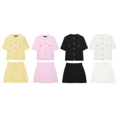 外国貿易の婦人服の卸売りの2025夏の新型の小さい香風のメリヤスのスーツの半袖のメリヤスの包みのヒップのスカートのスーツ