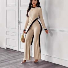欧米アマゾン2025国境を越えた秋の新型女装ファッション長袖衝突色のオープンtシャツがズボンの女性をつなぎ合わせた