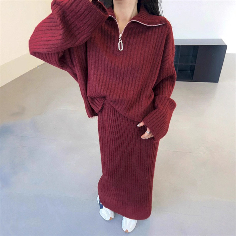 慵懒风半拉链翻领毛衣套装女秋冬季韩版宽松休闲针织半身裙两件套|undefined