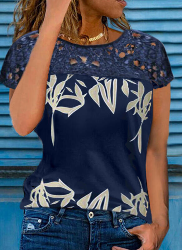 Floral Print Lace Round Neck Short-Sleeved Casual Shirt Top, Simple and Breathable, a Must-Have for Work and Commuting Style
