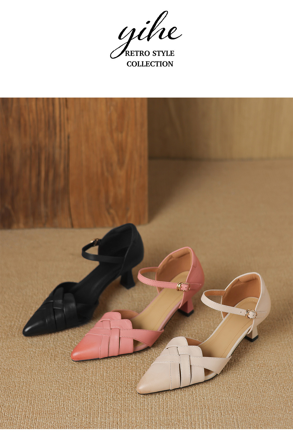Giày sandal cao gót nữ quai ngang mũi nhọn da cừu gót 5,5 cm — đen chi tiết 18
