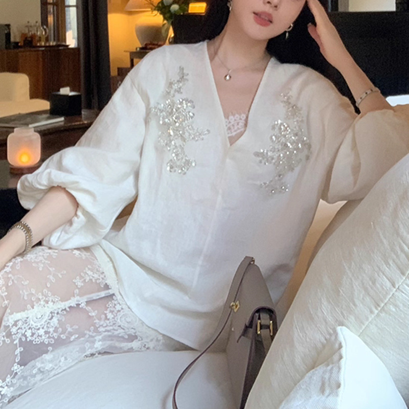 长期主义 钉珠刺绣亚麻长袖防晒衬衫蕾丝半身裙女秋气质套装穿搭|undefined