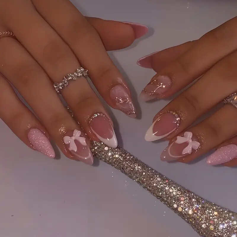 Foreign Trade Almond Nails, Smudged French Bow, Colored Diamonds, Wearable Manicure, Fake Nails, Removable European and American Nails Wholesale Foreign Trade Almond Nails, Smudged French Bow, Colored Diamonds, Wearable Manicure, Fake Nails, Removable European and American Nails Wholesale