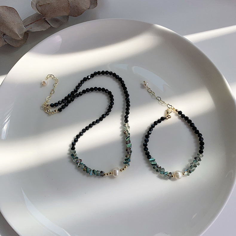 Nihaojewelry wholesale jewelry simple freshwater pearl black crystal bracelet necklacepicture1