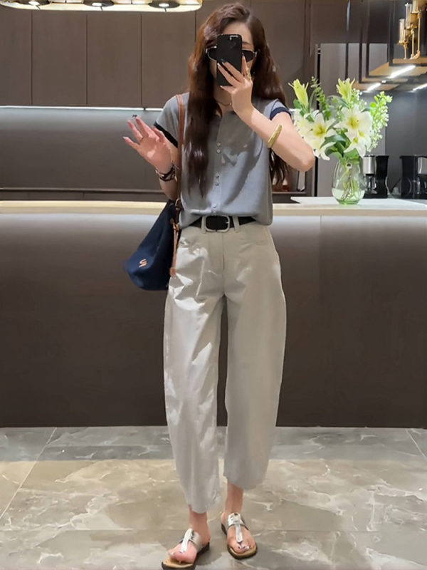 早秋装搭配一整套2025新款洋气针织短袖T恤+九分休闲裤气质套装|undefined