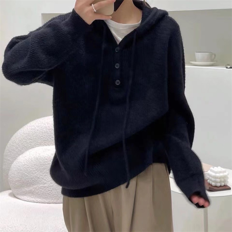 Suéter de mujer invierno / otoño abrigo temperamento de alto nivel japonés / coreano relajado chaqueta de viento con correa de correa variada camisa de punto con capuz image 14