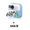 Blue camera, strap, crayons, charging cable, 64G