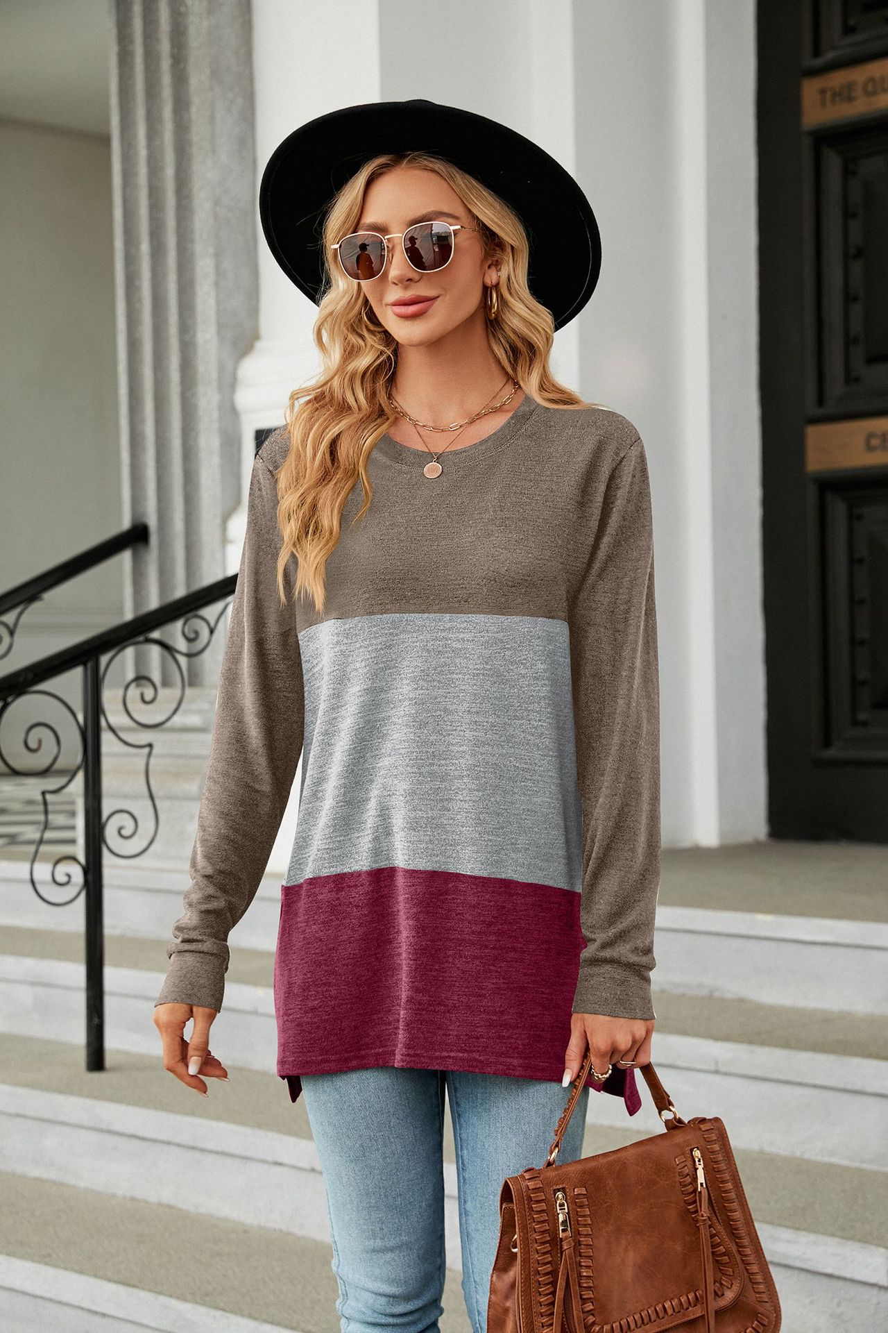 V-neck Long Sleeve Patchwork T-shirt Top - Image 2