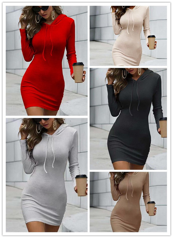 Long-Sleeved Dress for Women 2021 Autumn and Winter Elegant Waist-Cinching Goddess Style Hooded Bodycon Dress in Stock Patchwork Dress
