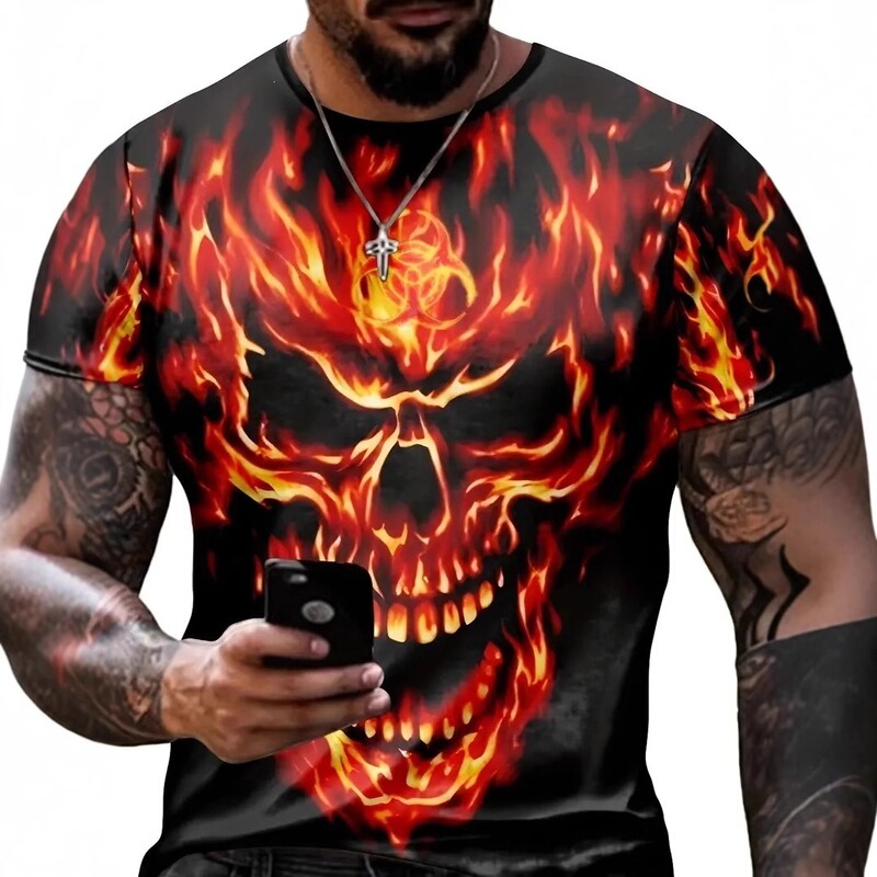 Men's Summer Loose High-Street Mesh Breathable Short-Sleeve Round-Neck T-Shirt with Hellfire Skull 3D Digital Print in Stock