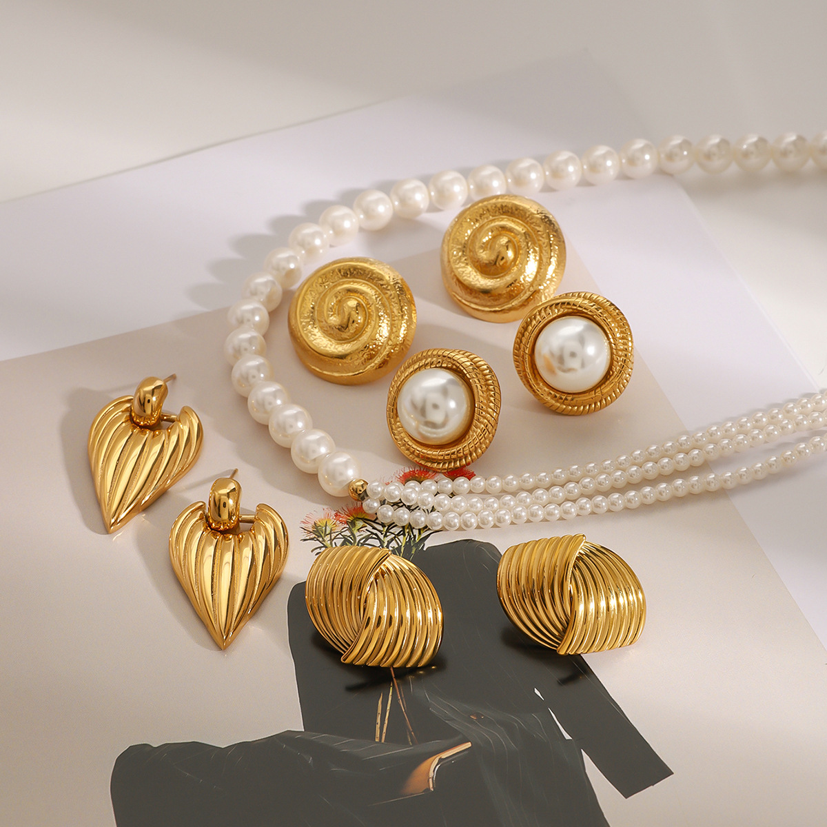 Jiding European & American Style Stainless Steel Pearl Necklace, High-End Exaggerated Flower Earrings, Titanium Steel Accessories