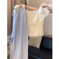 夏の新しい甘い女の子スーツ女性の韓国語版年齢を減らす肉をカバーするレース半袖トップルーズカジュアルパンツツーピーススーツ