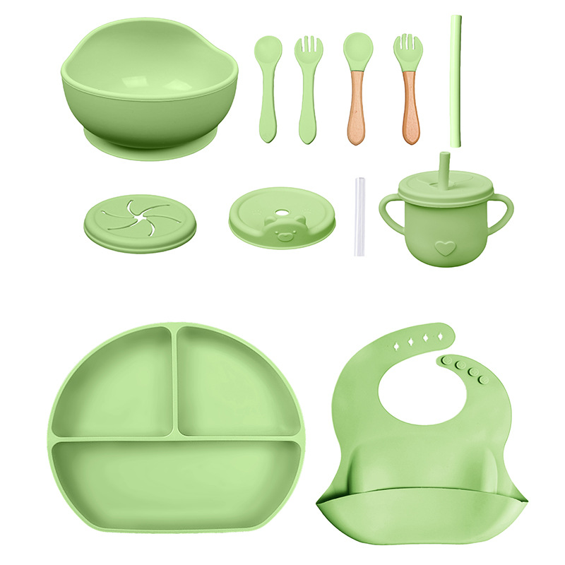 Conjunto de cubiertos para niños tazón de alimentos suplementarios platos de silicona tazón de cuchara de tenedor bib taza de agua de grado alimenticio para bebés alimentación suplementaria