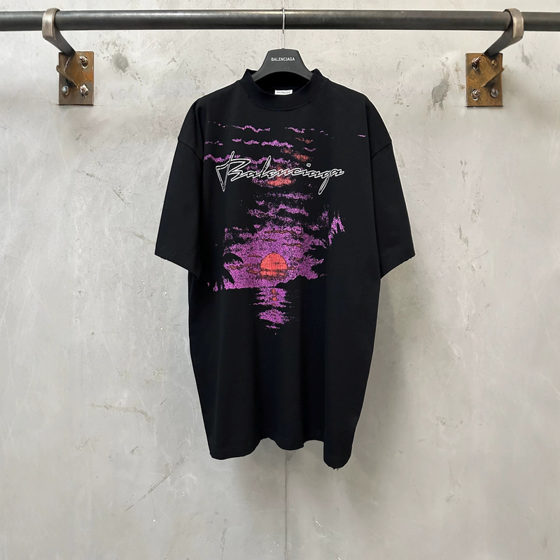 2026 New Cross-Border Foreign Trade Paris B Brand Heavy-Duty Sunset Letter Print Round Neck Short-Sleeve T-Shirt for Men and Women