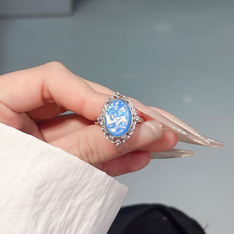 Stamped Platinum-Plated Adjustable Ring with Second-Generation Sky-Blue Sandstone Design, a Gift for Girlfriend or Mom Stamped Platinum-Plated Adjustable Ring with Second-Generation Sky-Blue Sandstone Design, a Gift for Girlfriend or Mom