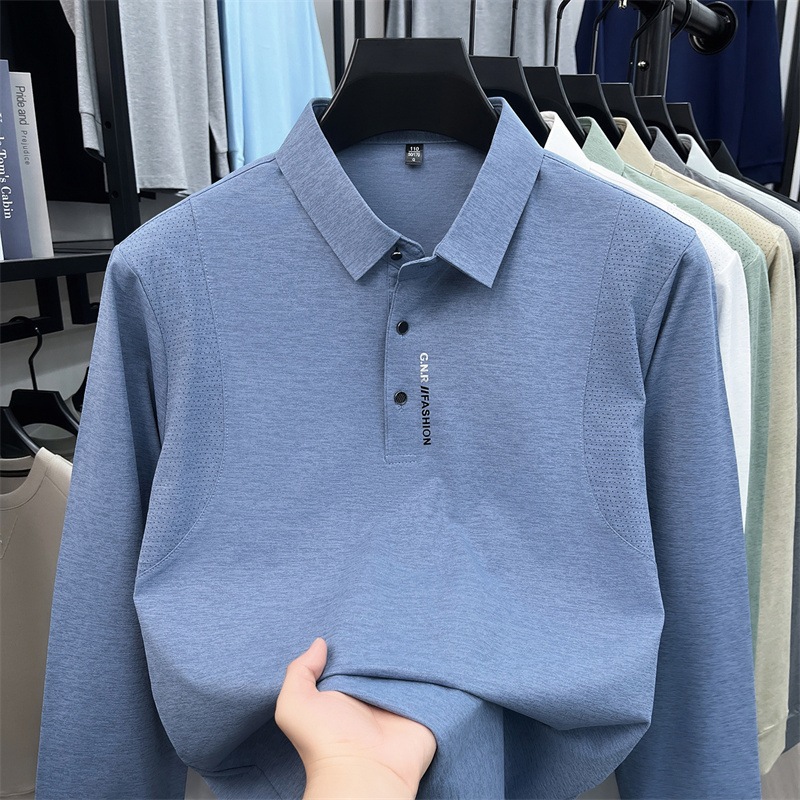 New autumn men's long-sleeve polo shirt with a turn-down collar, men's top with letter print, casual T-shirt, in stock