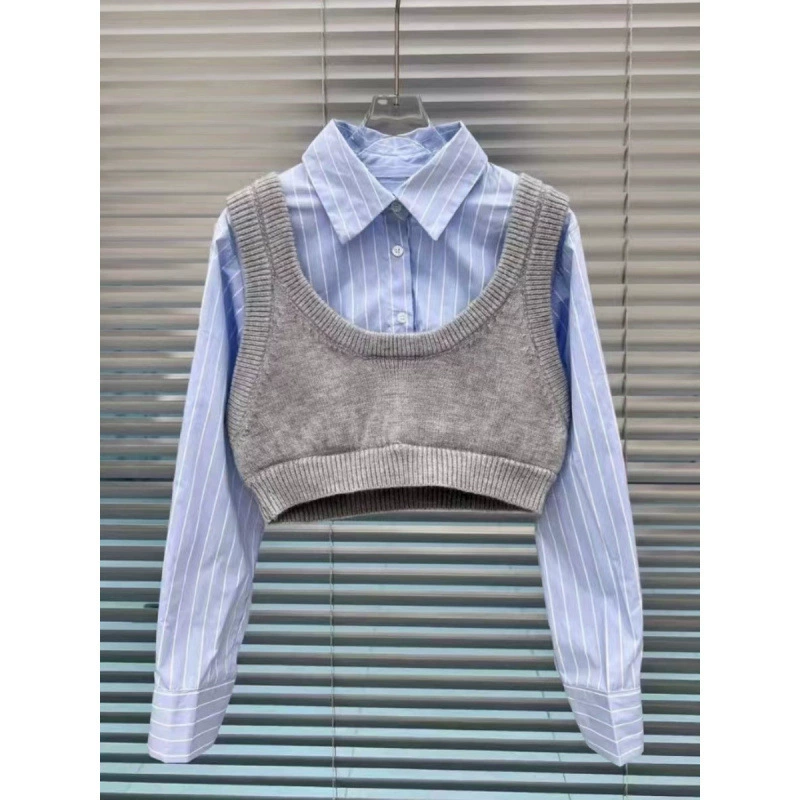 Колледж-стиль 2025 ранняя осень новый нишевый дизайн двухслойный вязаный топ-камзол короткая майка