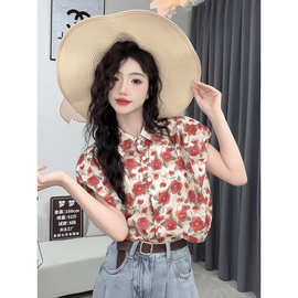 Polo领油画印花泡泡袖衬衫女夏季新款气质复古浪漫气质遮肚上衣