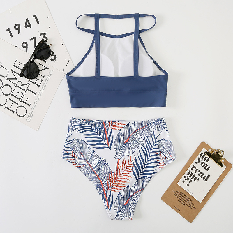 Women's Sexy High-Waisted Two-Piece Bikini Swimsuit High Neck Tie-Detail Abstract Print Polyester Nylon Regular Fit For Spring/Summer_ecoleips.com