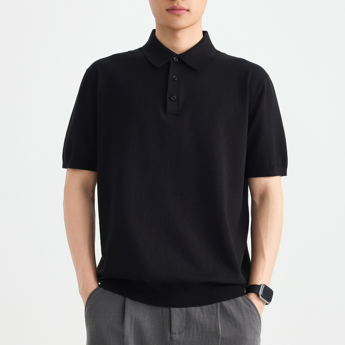 Áo thun nam cổ tròn tay ngắn dệt kim cotton thoáng mát — đen