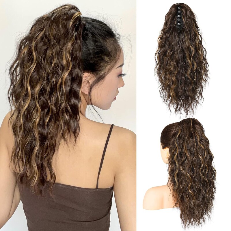 European and American style claw clip ponytail hair extensions for women, long wavy fluffy synthetic hairpiece, natural and soft for daily use