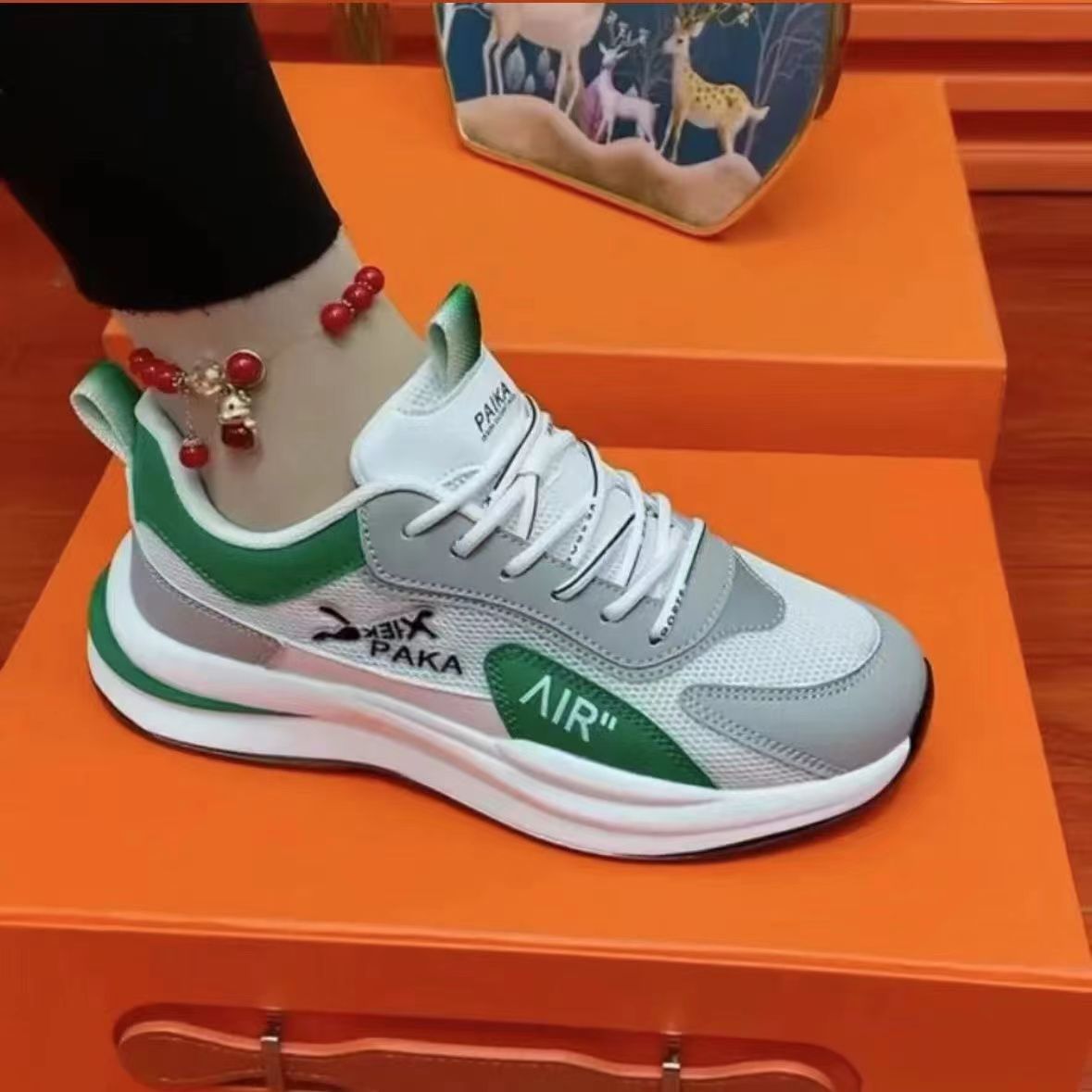 white and green leather