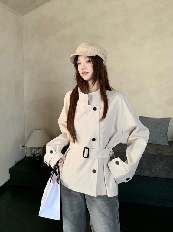 高级感杏色气质立领风衣外套女装秋季英伦风显瘦收腰长袖开衫上衣|undefined
