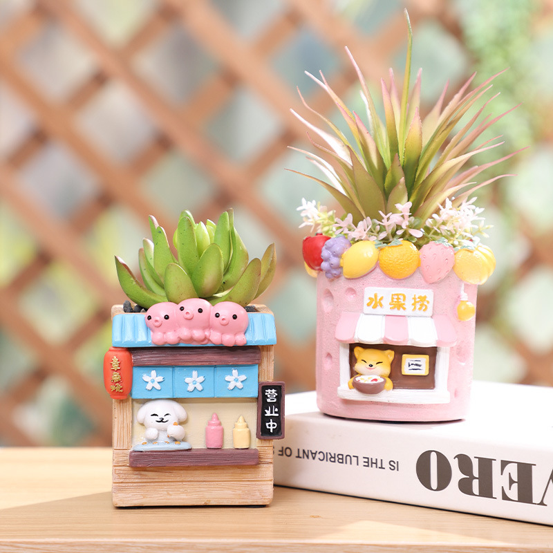 Chậu Cây Resin Chậu cây mọng nước hình cửa hàng đồ ăn hoạt hình, chậu mini resin, trang trí nhà và văn phòng (RG-94)