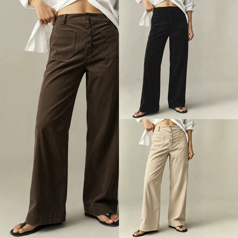 Women's European and American Cross-Border 2026 Spring/Autumn New Corduroy Slim High-Waisted Elastic Waist Narrow Wide-Leg Pants