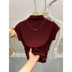 モーダル半高襟半袖tシャツ女性2025春秋新商品腰を収めて痩せているネックレスの中にシャツの上着を着ます。