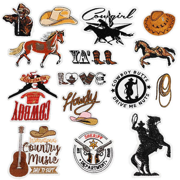 Western Denim Series Creative Embroidered Adhesive Backed Fabric Sticker Denim Hat Reins Guitar Patch Clothing Bag Shoes and Socks