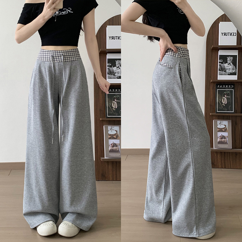 Spring 2026 New High-Waisted Drapey Straight-Leg Sweatpants with Plaid Patchwork Wide-Leg Pants for Petite Sizes, Loose-Fit Sports Pants