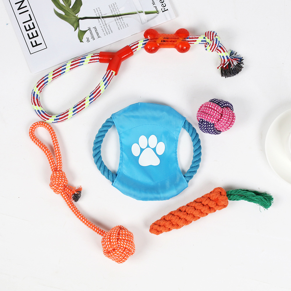 Mascotas transfronterizas perros juguetes de cuerda de algodón perros dorados molares dientes limpios coloridos perros mordedura cuerda de algodón conjunto de juguetes