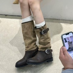董洁同款拼色褶皱堆堆靴女长筒美拉德高筒靴大筒围西部牛仔骑士靴