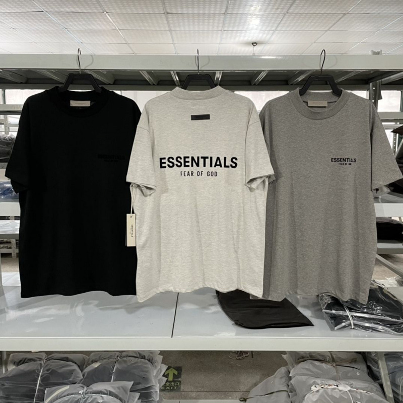 Ningbo Original First-Hand Fog Multi-Thread Ess Letter Flocking Printing Loose T-Shirt for Men and Women Couple High Street Os Short Sleeves